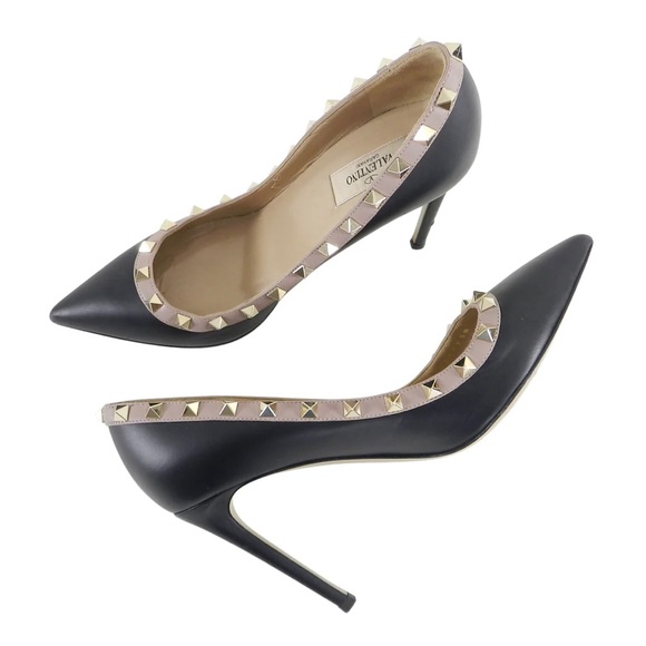 LIKE NEW Valentino Garavani Rockstud Black/Poudre/Nude Heels Sz 8/38 - Picture 1 of 13